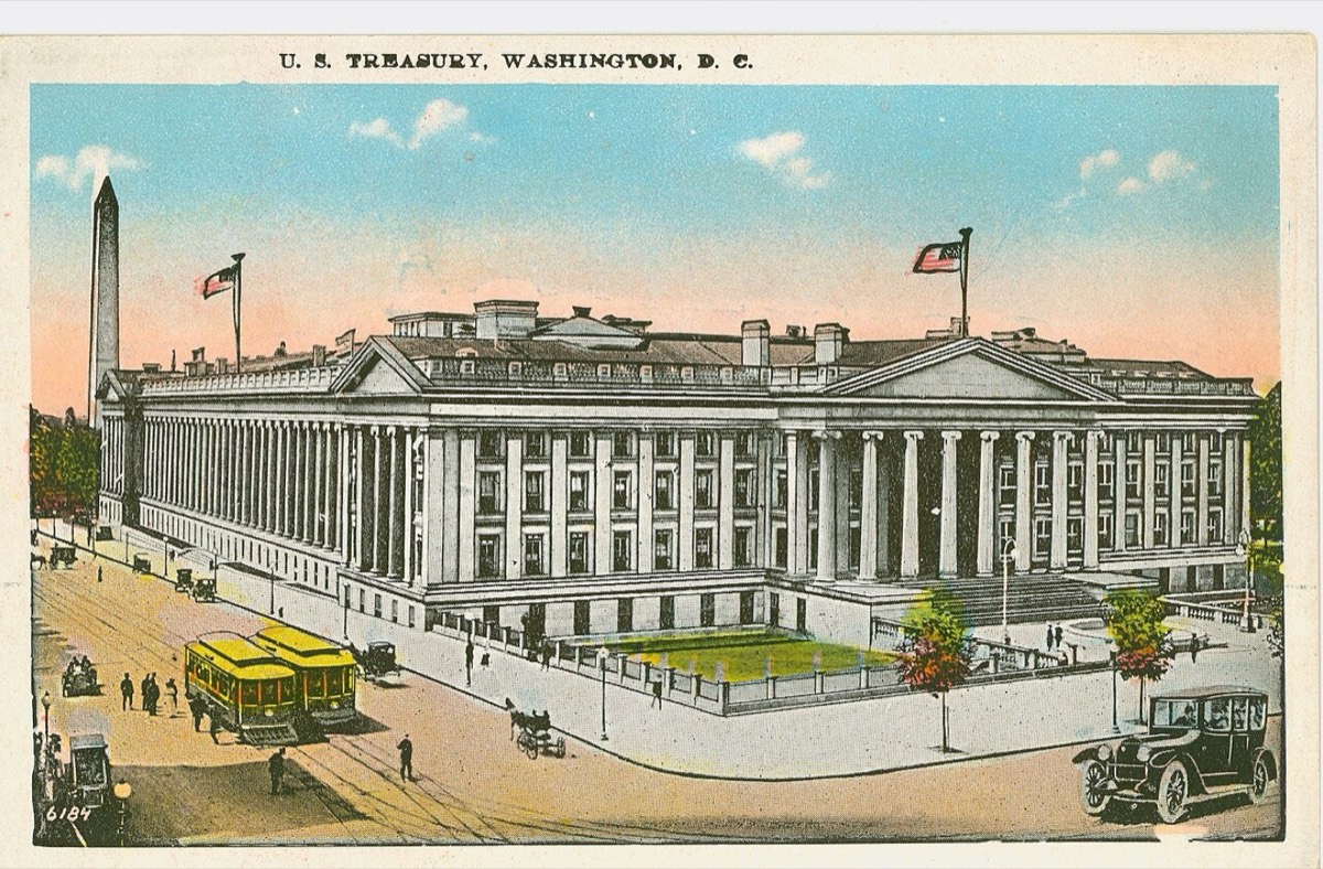 Vintage postcard of the U.S. Treasury building in Washington DC, federal tax lien discharge and subordination help for Coastal Bend homeowners